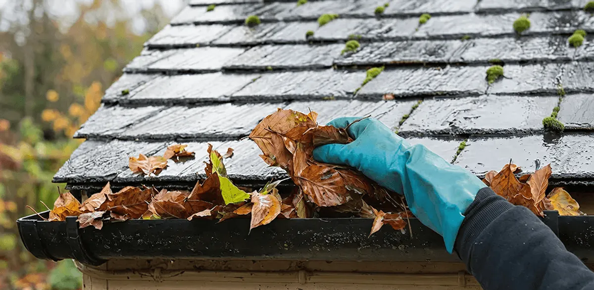 Gutter cleaning technician clearing wet leaves from roof gutters in Des Moines, IA